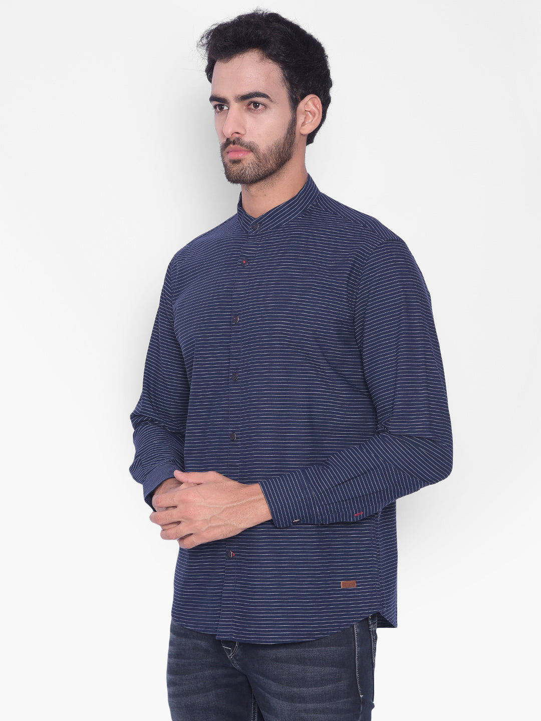 Navy Blue Striped Madarin Neck Shirt-Mens Shirts-Crimsoune Club