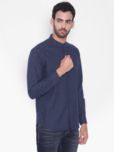 Navy Blue Striped Madarin Neck Shirt-Mens Shirts-Crimsoune Club