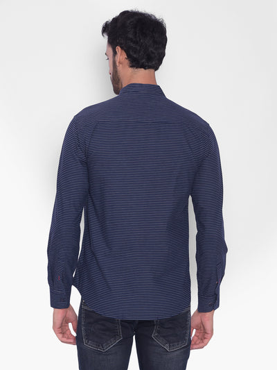 Navy Blue Striped Madarin Neck Shirt-Mens Shirts-Crimsoune Club