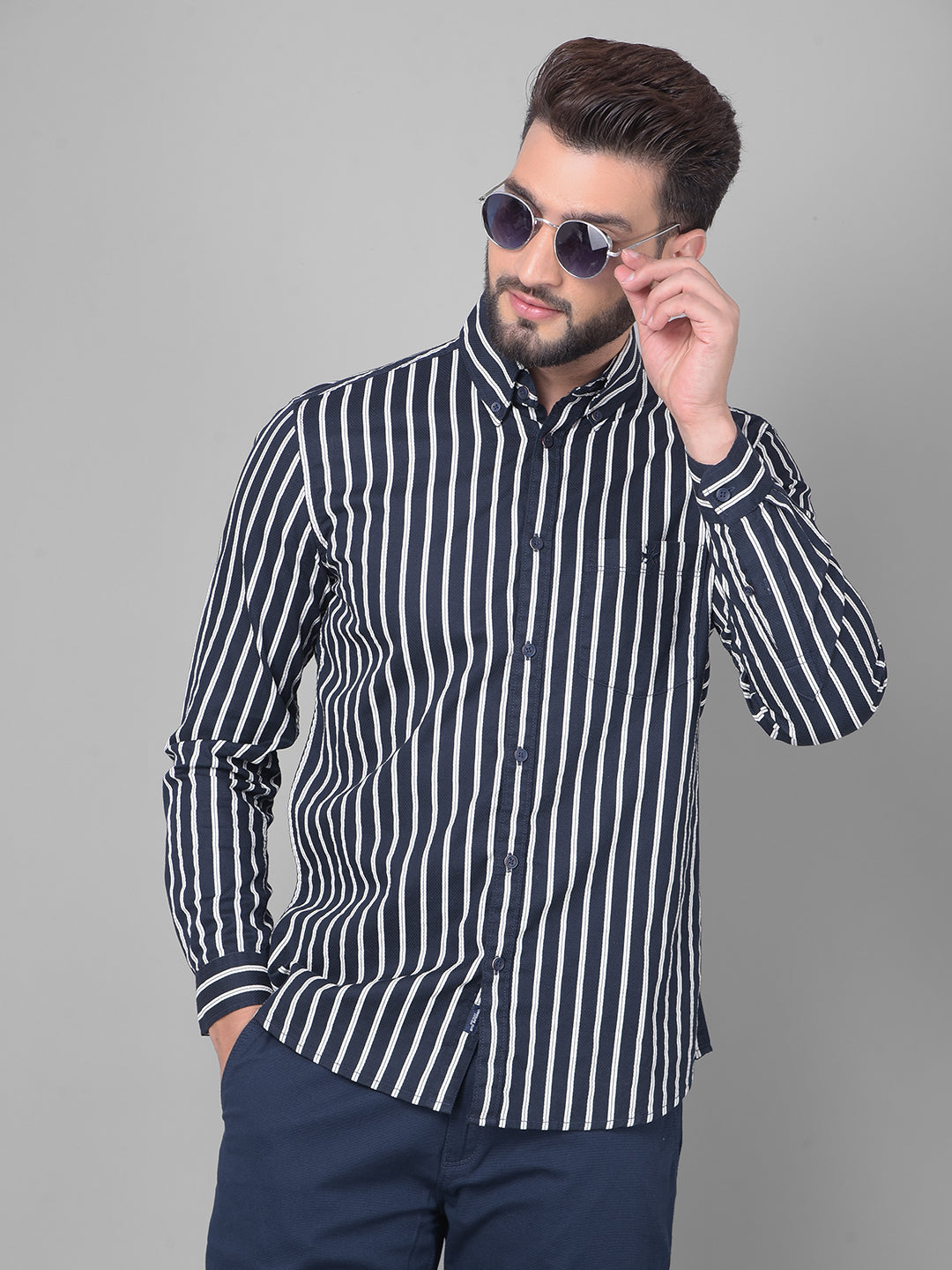 Navy Blue Striped Shirt-Men Shirts-Crimsoune Club