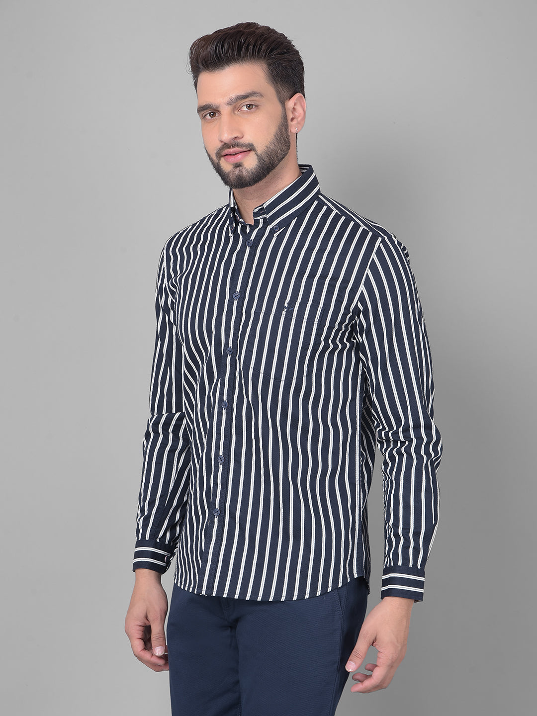 Navy Blue Striped Shirt-Men Shirts-Crimsoune Club