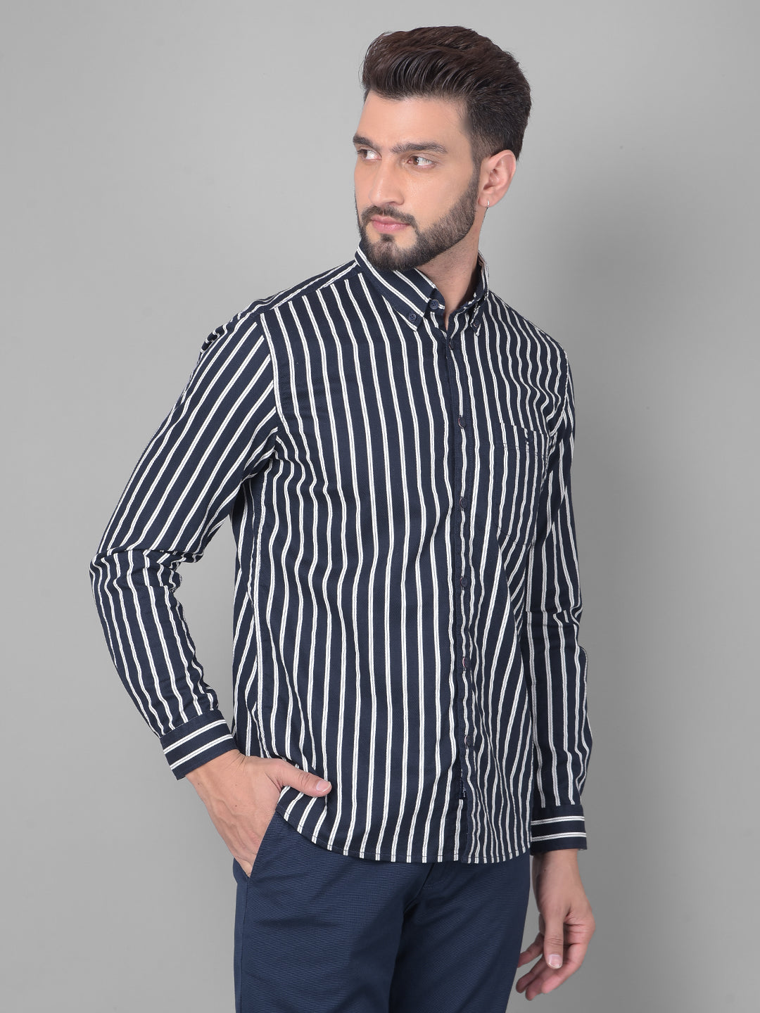 Navy Blue Striped Shirt-Men Shirts-Crimsoune Club