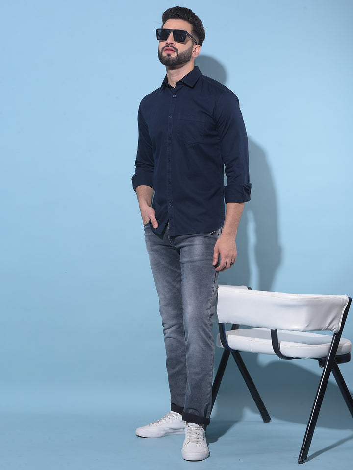 Navy Blue 100% Cotton Shirt-Men Shirts-Crimsoune Club
