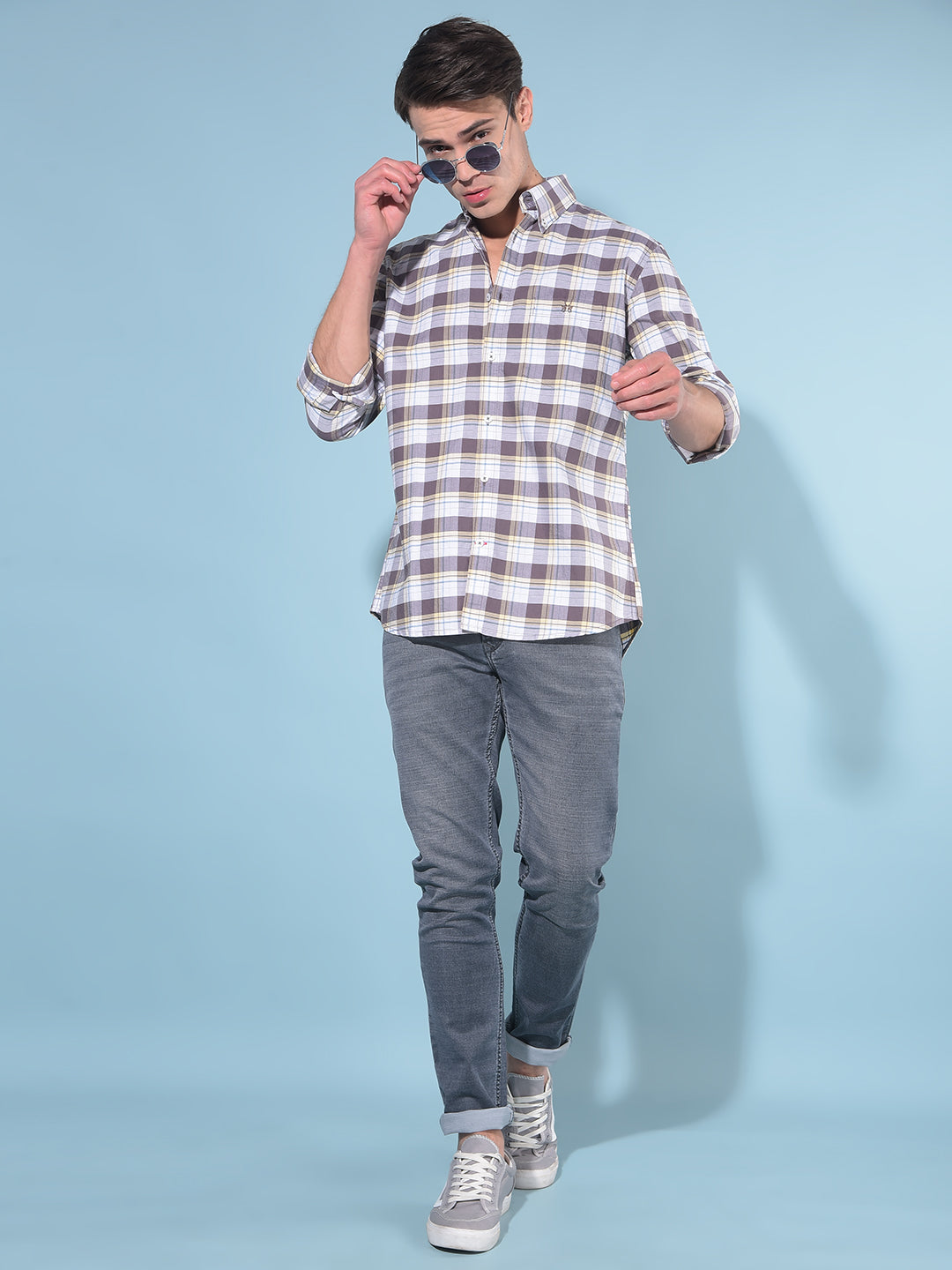 Grey Tartan Check 100% Cotton Shirt-Men Shirts-Crimsoune Club