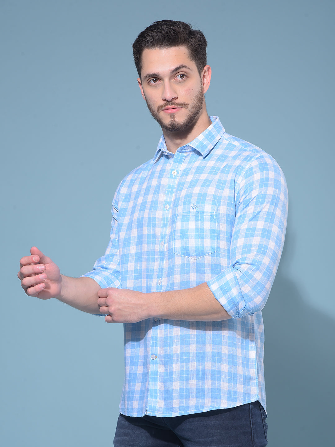 Blue Tartan Check Linen Shirt-Men Shirts-Crimsoune Club