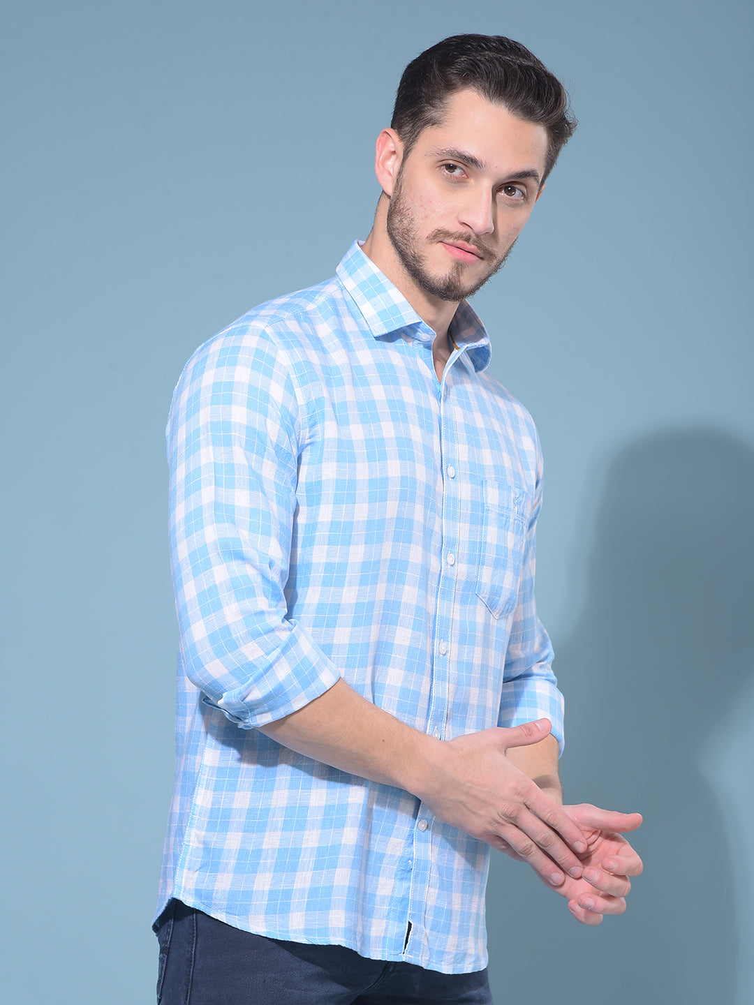 Blue Tartan Check Linen Shirt-Men Shirts-Crimsoune Club