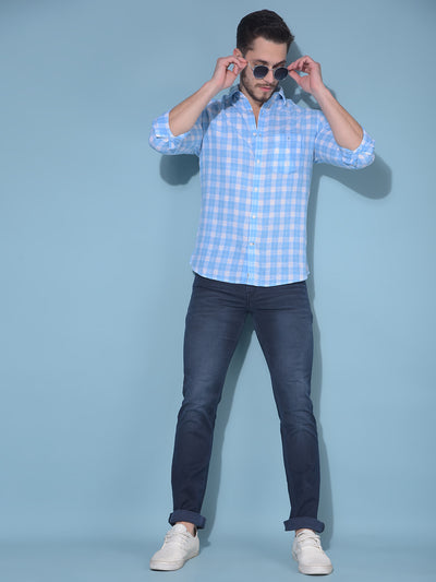 Blue Tartan Check Linen Shirt-Men Shirts-Crimsoune Club