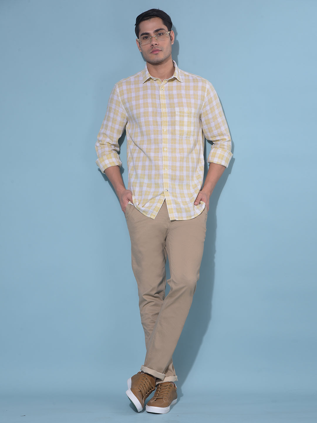 Yellow Tartan Check Linen Shirt-Men Shirts-Crimsoune Club