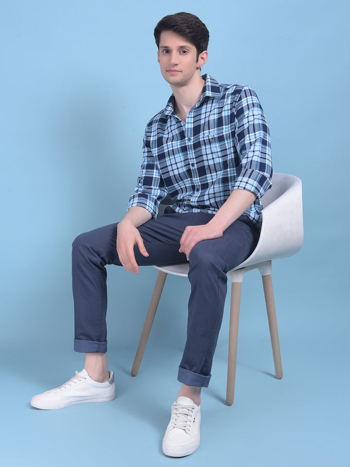Blue Tartan Check 100% Cotton Shirt-Men Shirts-Crimsoune Club