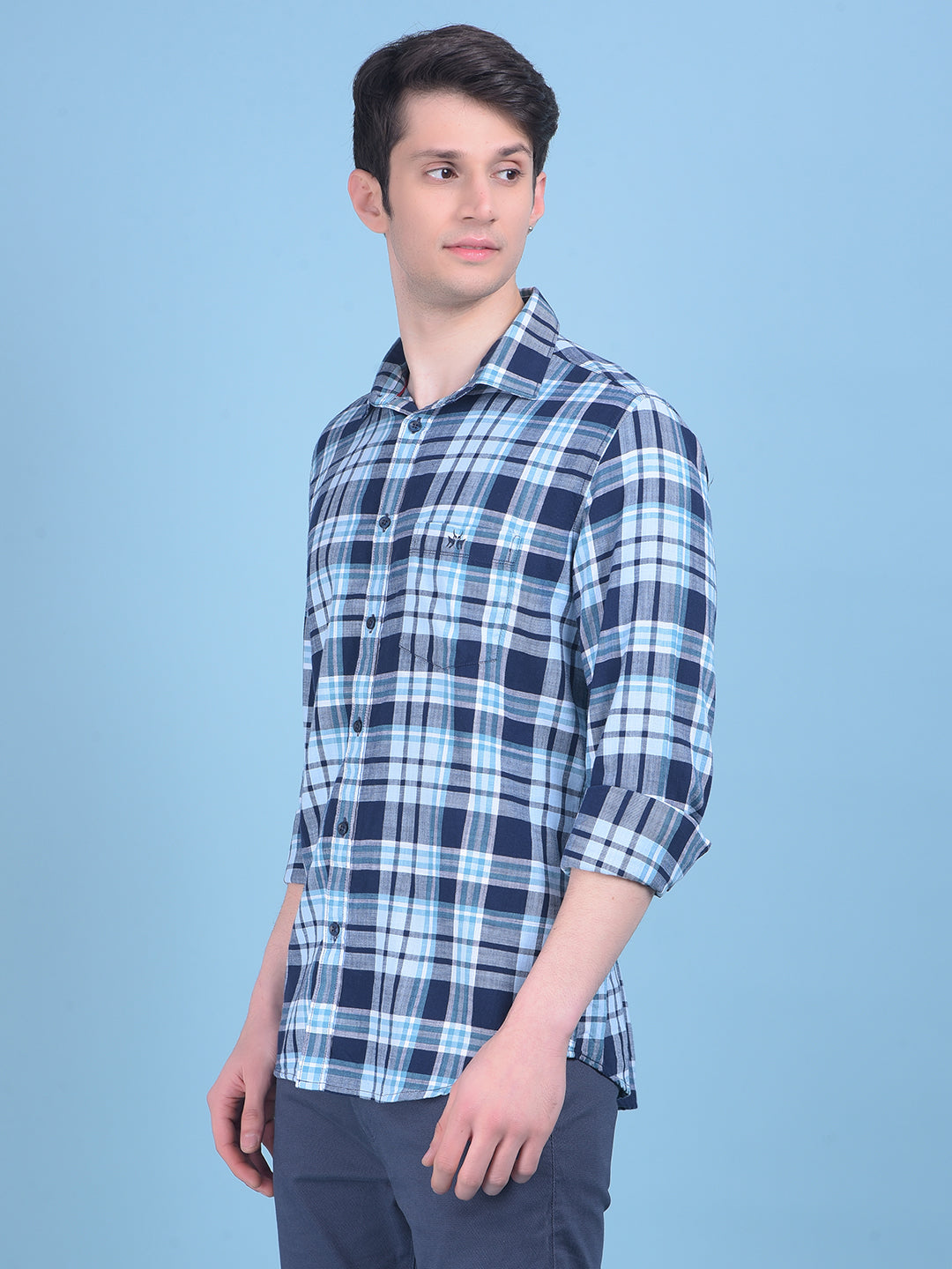 Blue Tartan Check 100% Cotton Shirt-Men Shirts-Crimsoune Club