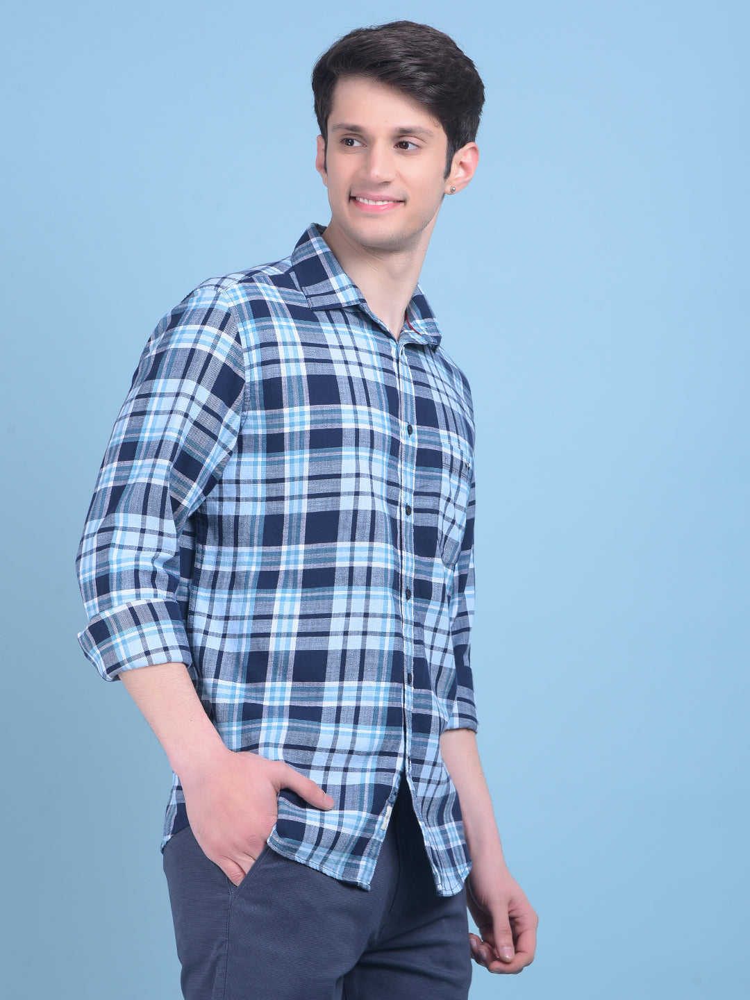 Blue Tartan Check 100% Cotton Shirt-Men Shirts-Crimsoune Club