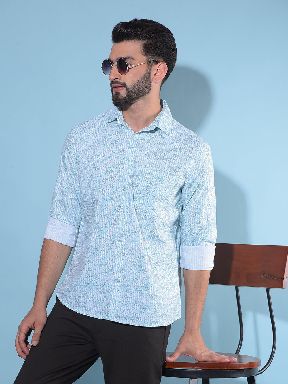 Blue Floral Print 100% Cotton Shirt-Men Shirts-Crimsoune Club