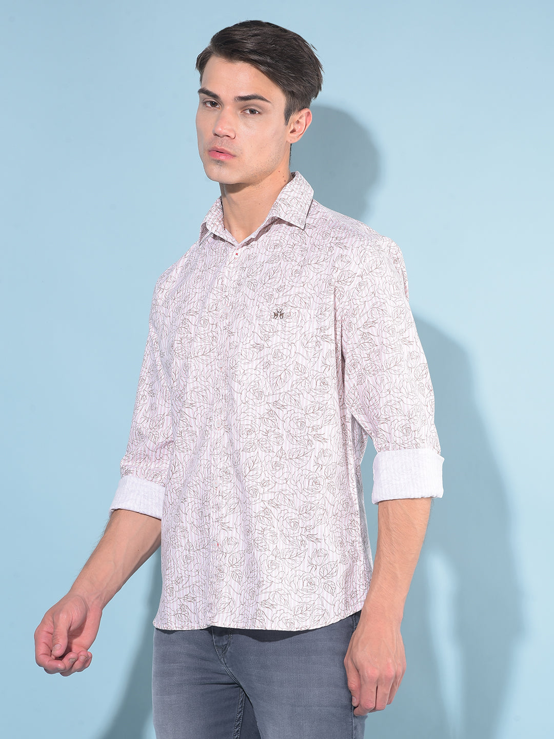 Peach Floral Print 100% Cotton Shirt-Men Shirts-Crimsoune Club