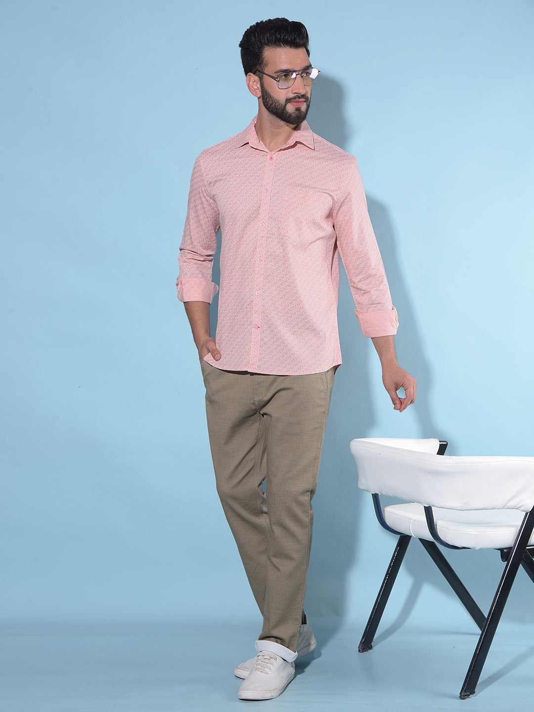 Peach Printed 100% Cotton Shirt-Men Shirts-Crimsoune Club