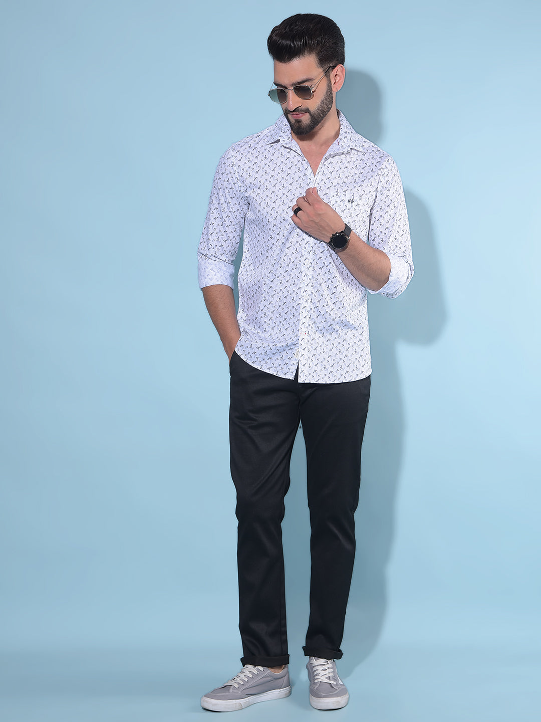 White Floral Print 100% Cotton Shirt-Men Shirts-Crimsoune Club