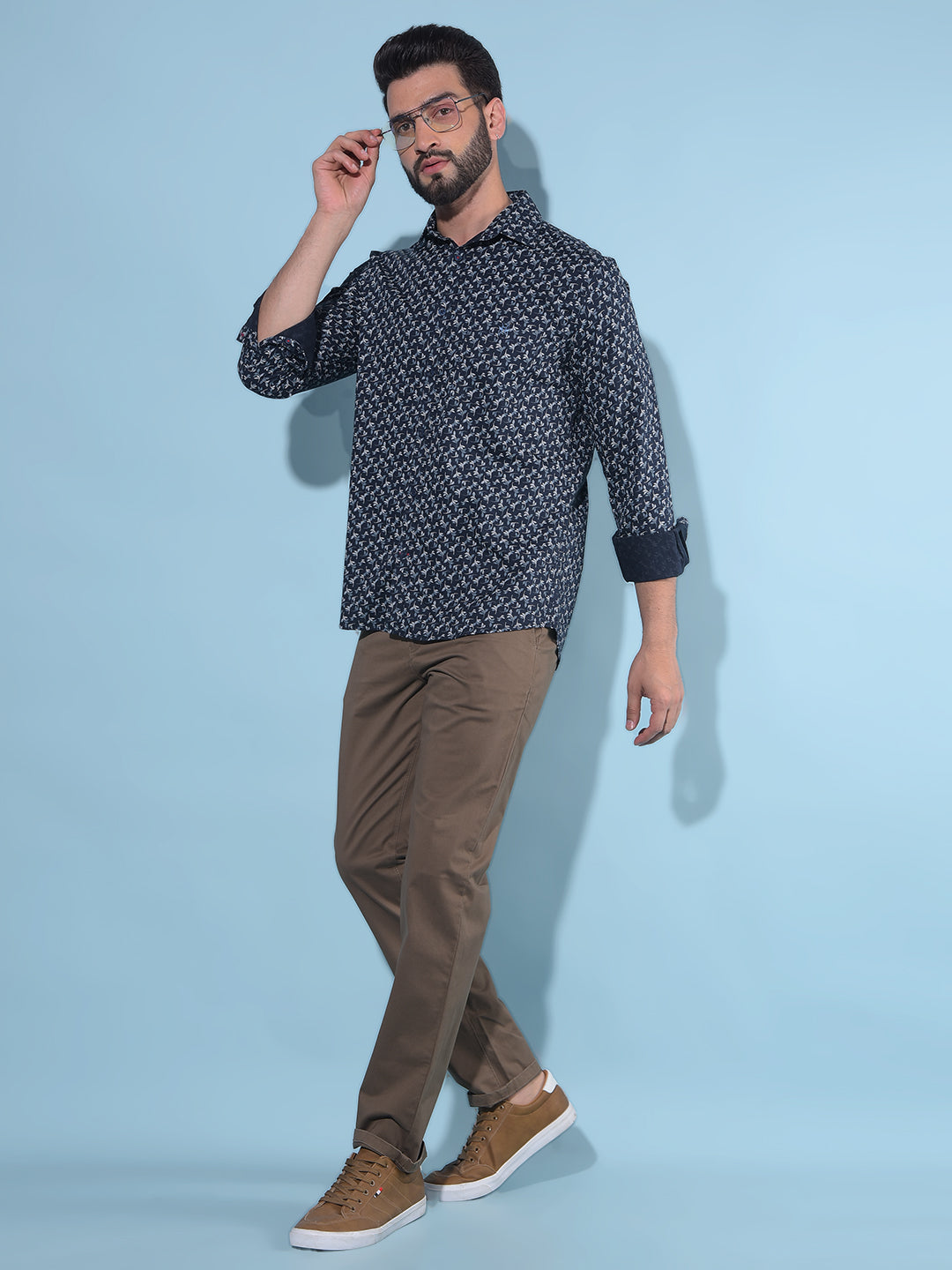 Navy Blue Floral Print 100% Cotton Shirt-Men Shirts-Crimsoune Club