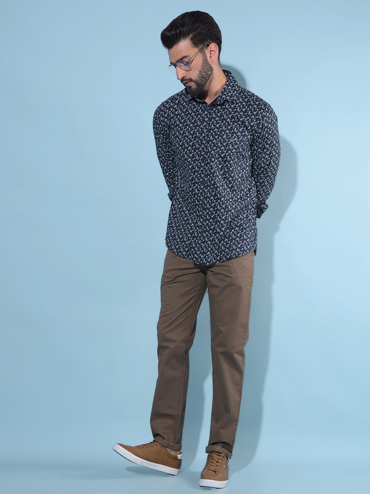 Navy Blue Floral Print 100% Cotton Shirt-Men Shirts-Crimsoune Club