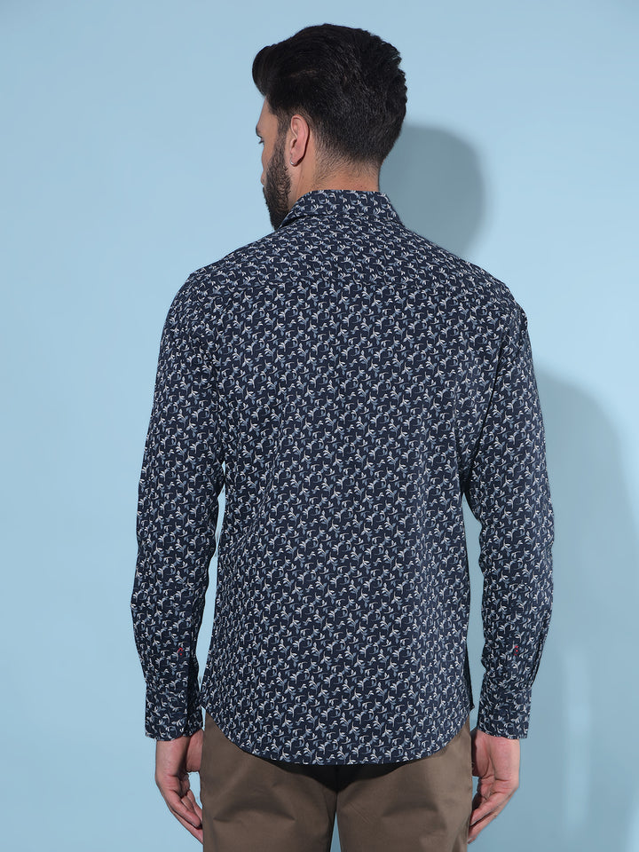 Navy Blue Floral Print 100% Cotton Shirt-Men Shirts-Crimsoune Club