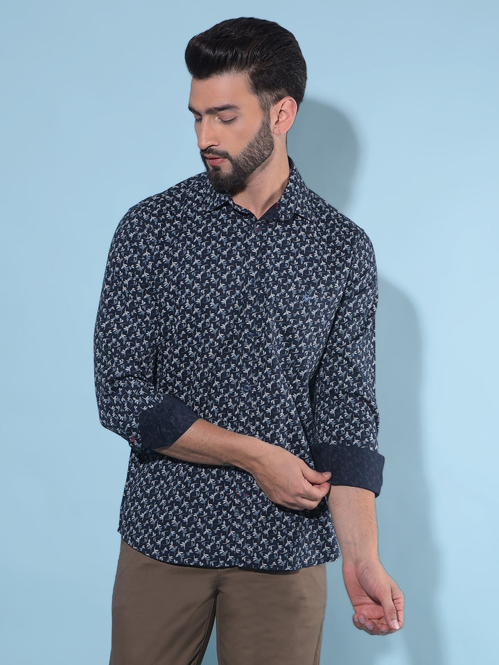 Navy Blue Floral Print 100% Cotton Shirt-Men Shirts-Crimsoune Club