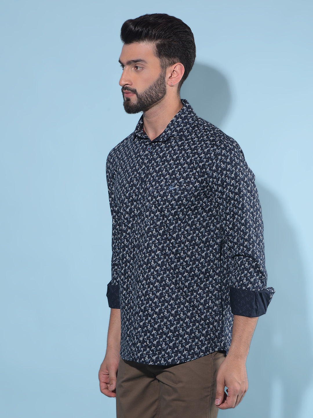 Navy Blue Floral Print 100% Cotton Shirt-Men Shirts-Crimsoune Club