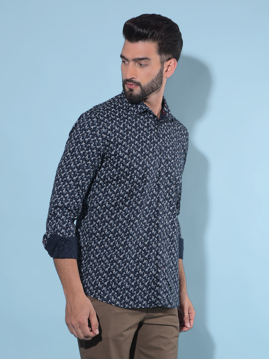 Navy Blue Floral Print 100% Cotton Shirt-Men Shirts-Crimsoune Club