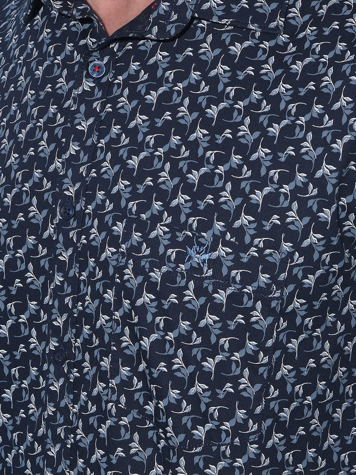 Navy Blue Floral Print 100% Cotton Shirt-Men Shirts-Crimsoune Club