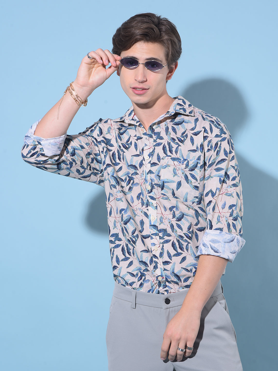 Beige Floral Print Linen Shirt-Men Shirts-Crimsoune Club