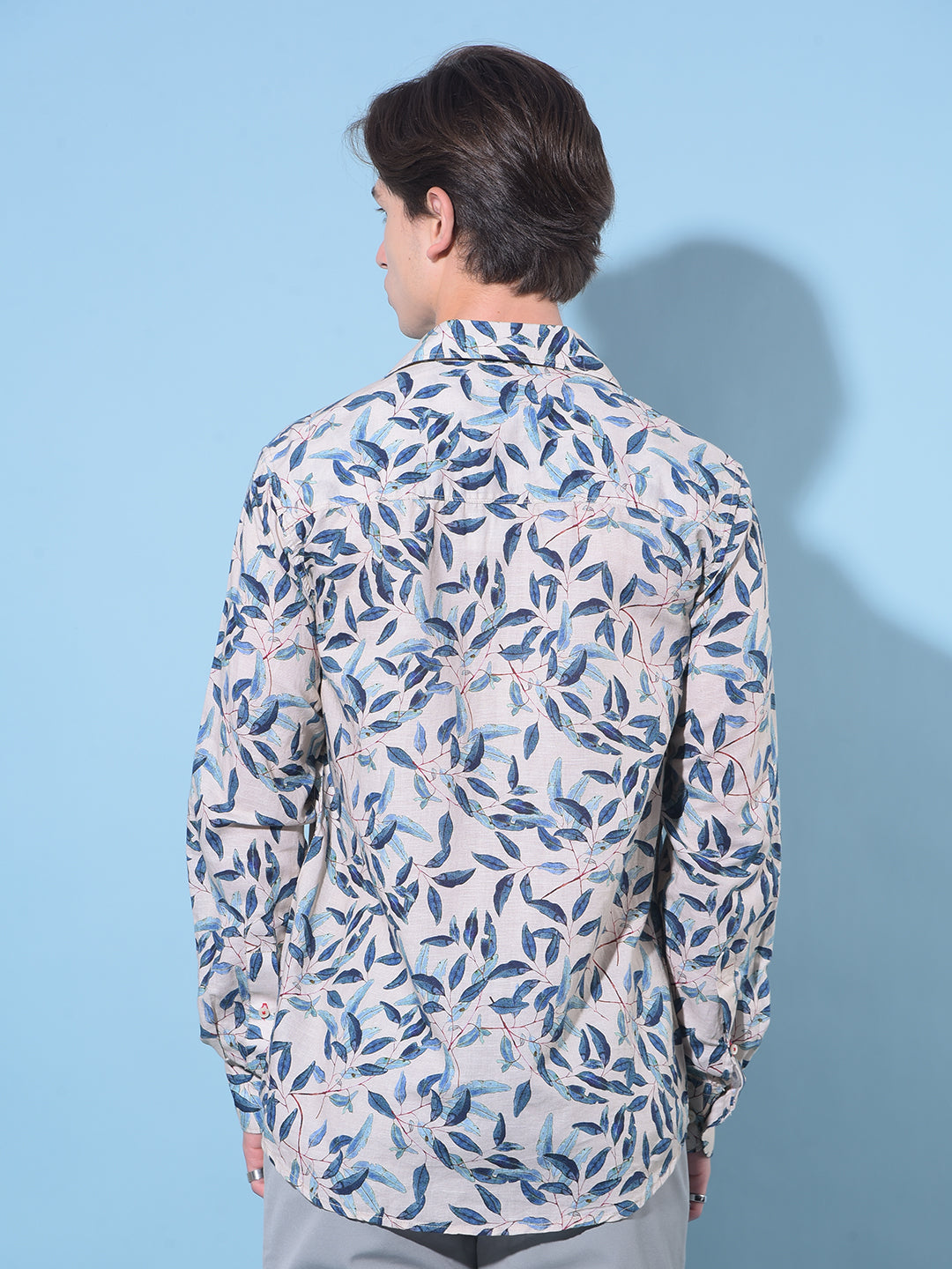 Beige Floral Print Linen Shirt-Men Shirts-Crimsoune Club