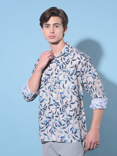 Beige Floral Print Linen Shirt-Men Shirts-Crimsoune Club