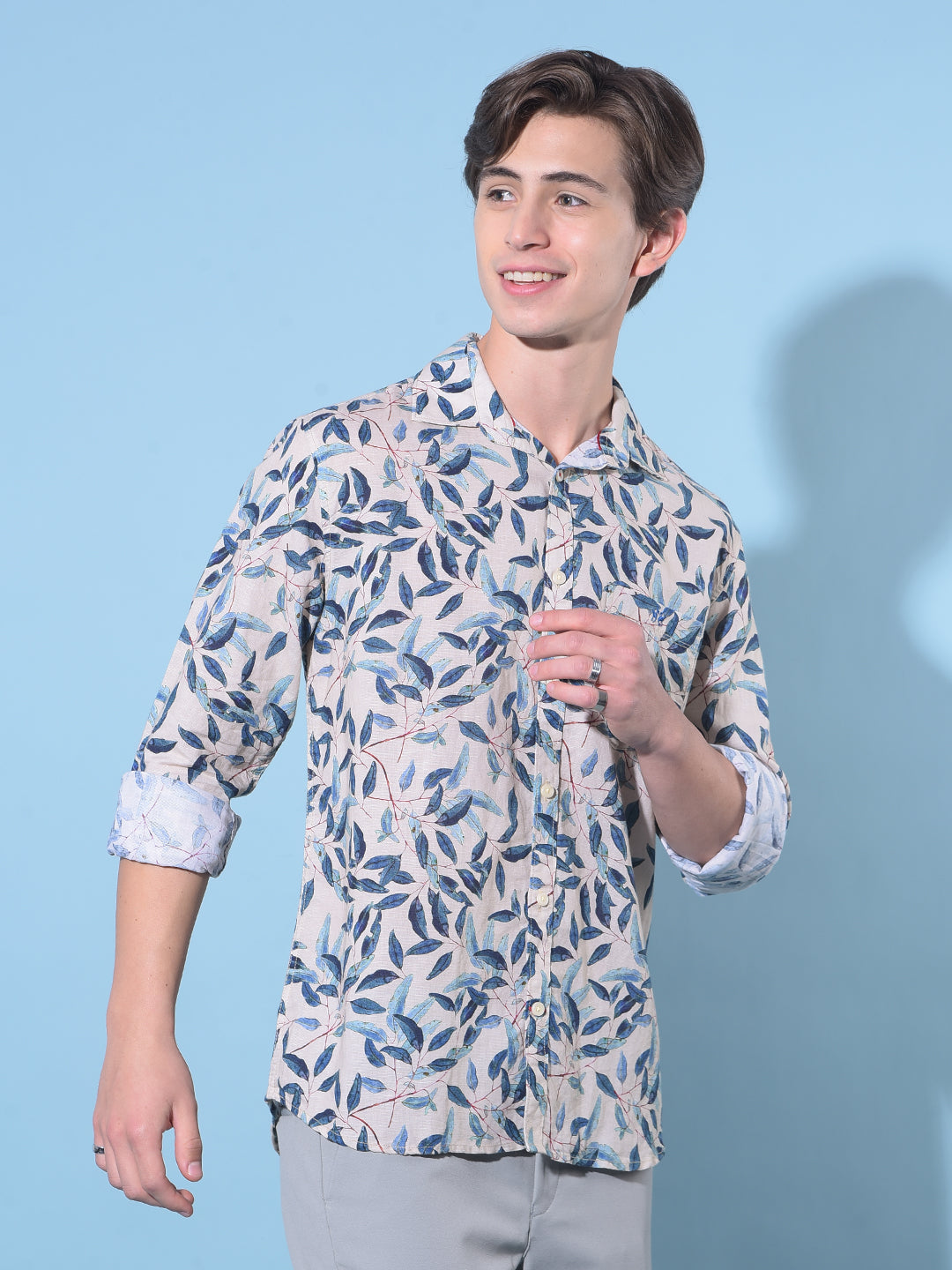 Beige Floral Print Linen Shirt-Men Shirts-Crimsoune Club