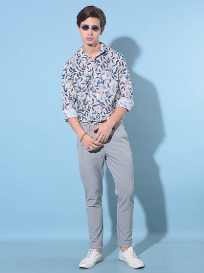 Beige Floral Print Linen Shirt-Men Shirts-Crimsoune Club