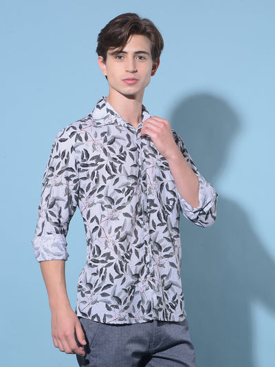 Grey Floral Print Linen Shirt-Men Shirts-Crimsoune Club