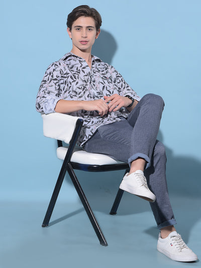 Grey Floral Print Linen Shirt-Men Shirts-Crimsoune Club