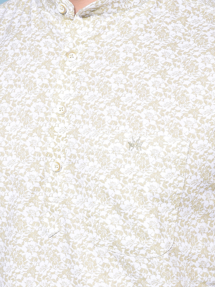 Olive Floral Print 100% Cotton Kurta-Men Kurtas-Crimsoune Club