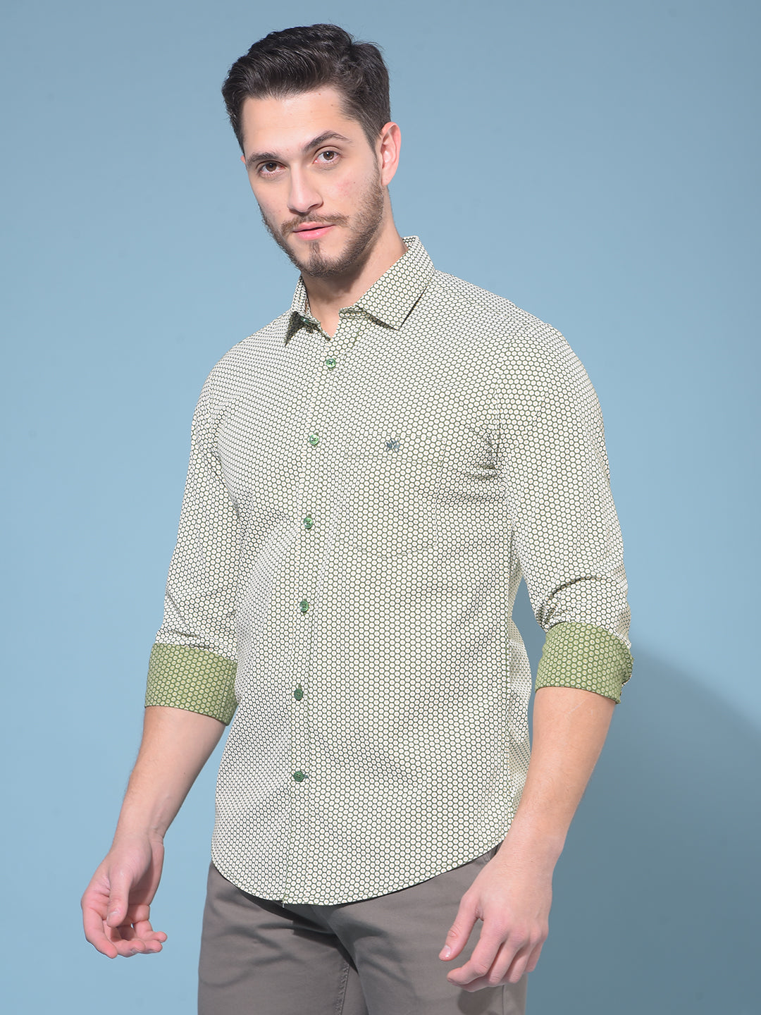 Olive 100% Cotton Printed Shirt-Men Shirts-Crimsoune Club