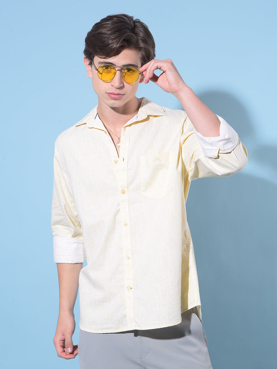 Yellow Floral Print 100% Cotton Shirt-Men Shirts-Crimsoune Club