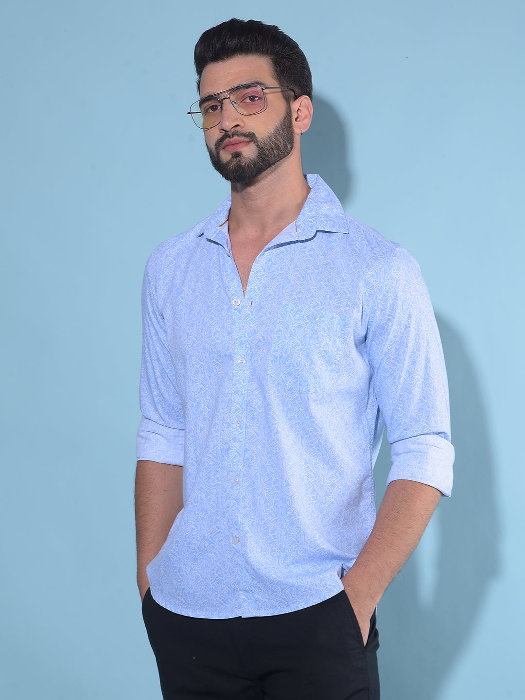 Blue Floral Print 100% Cotton Shirt-Men Shirts-Crimsoune Club