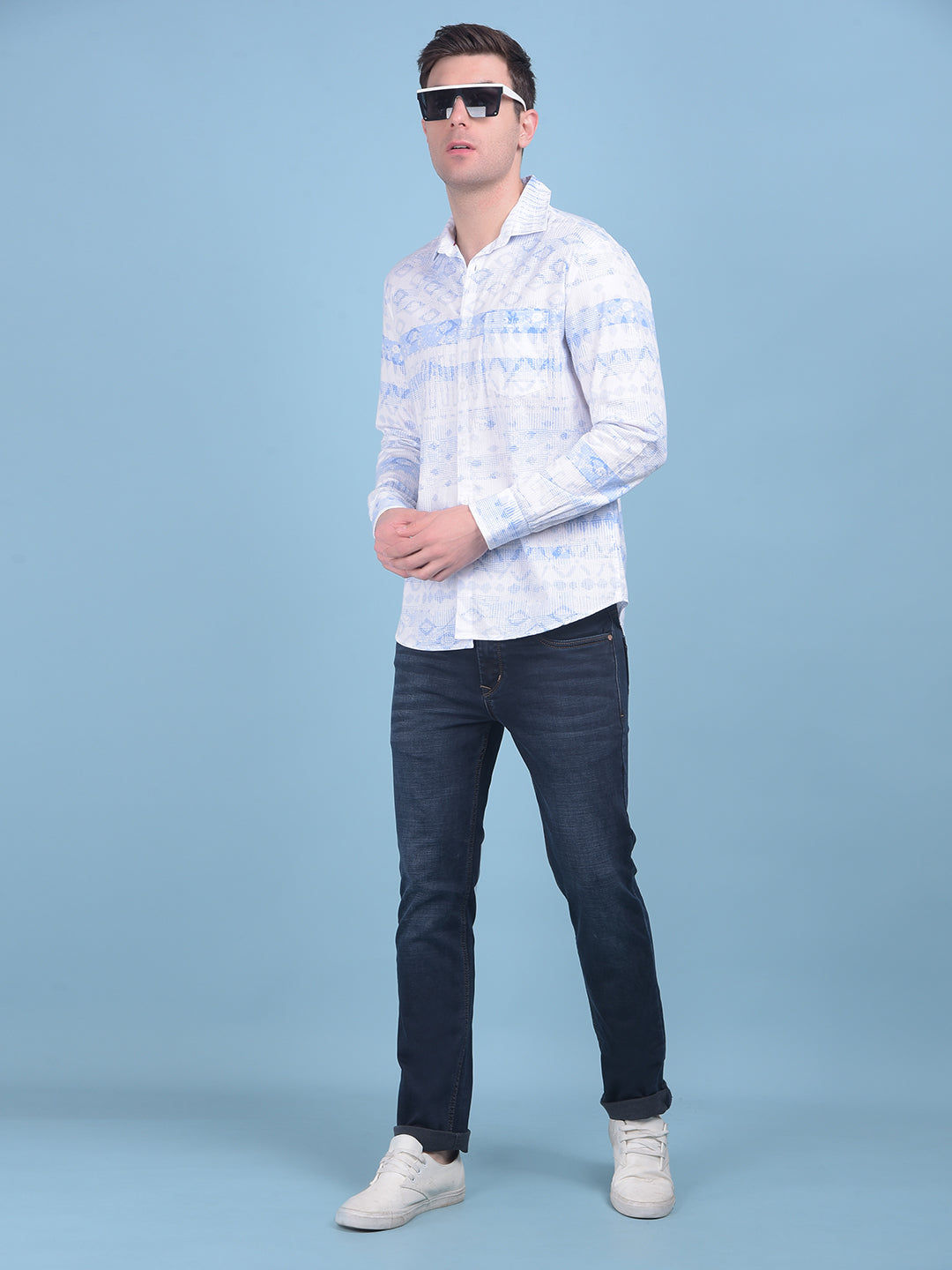 Light Blue Printed Shirt-Men Shirts-Crimsoune Club