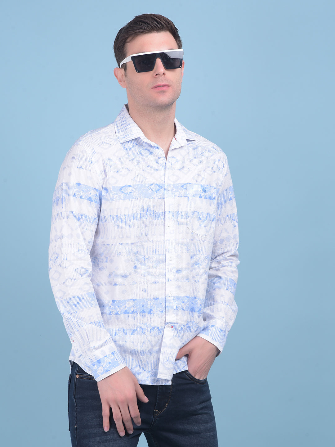 Light Blue Printed Shirt-Men Shirts-Crimsoune Club