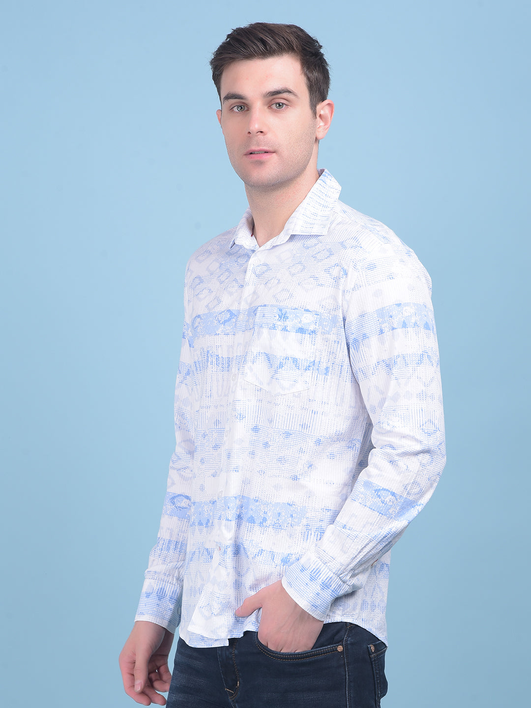 Light Blue Printed Shirt-Men Shirts-Crimsoune Club