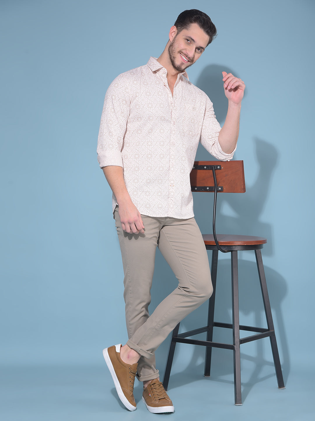 Beige 100% Cotton Printed Shirt-Men Shirts-Crimsoune Club