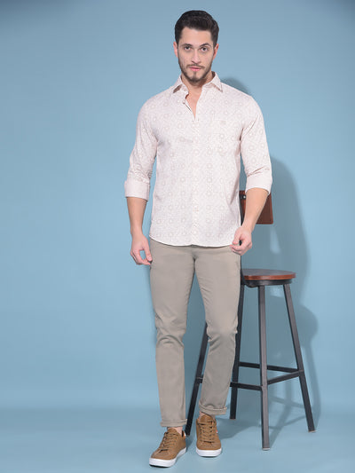 Beige 100% Cotton Printed Shirt-Men Shirts-Crimsoune Club