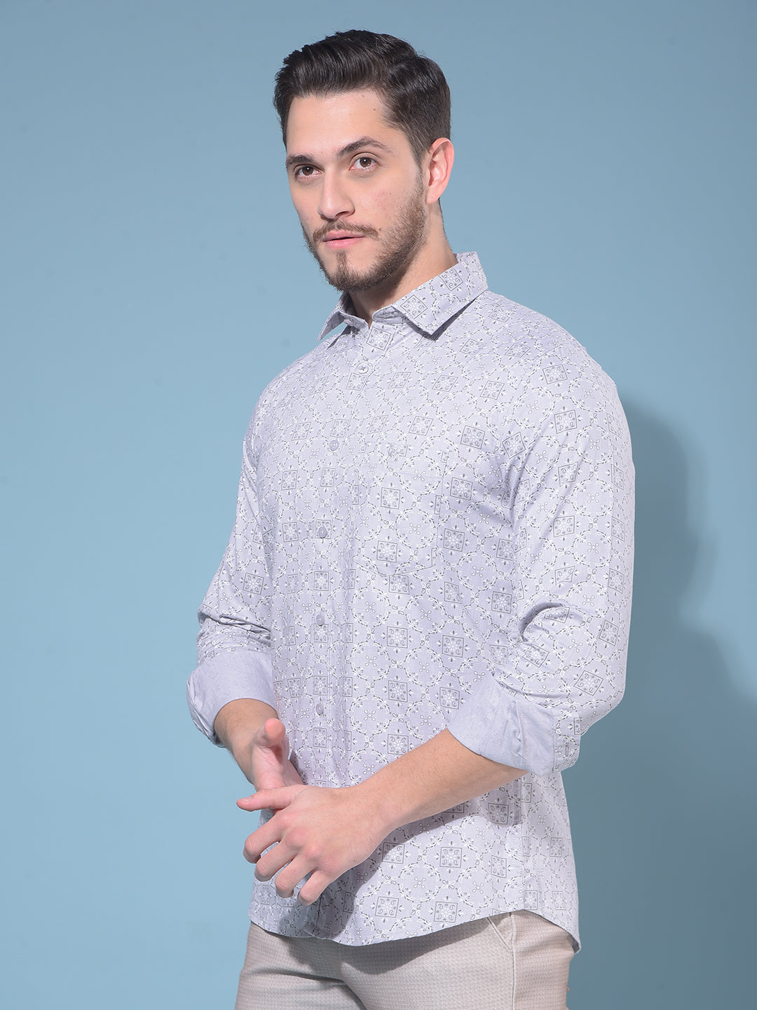 Grey 100% Cotton Printed Shirt-Men Shirts-Crimsoune Club