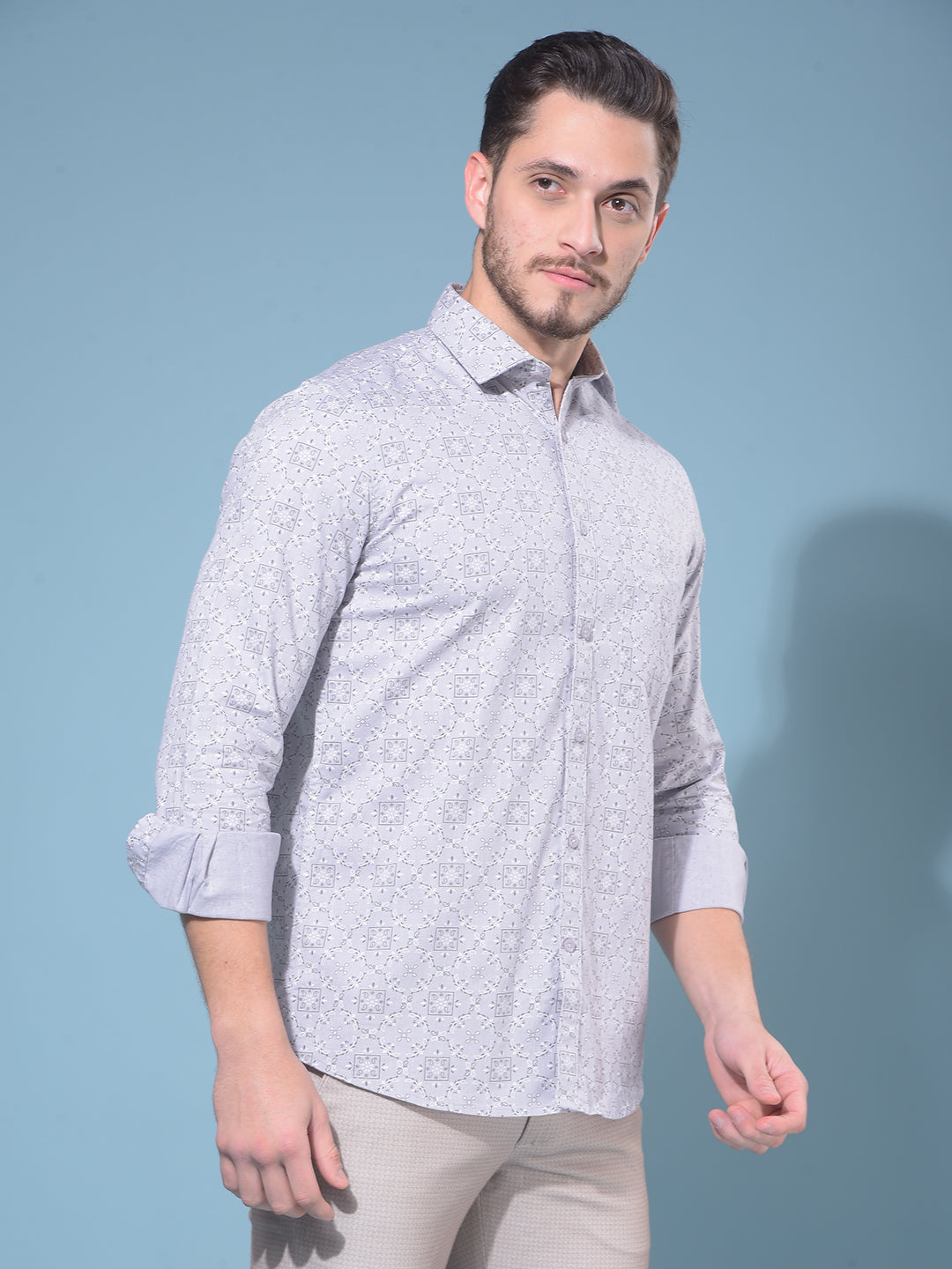 Grey 100% Cotton Printed Shirt-Men Shirts-Crimsoune Club