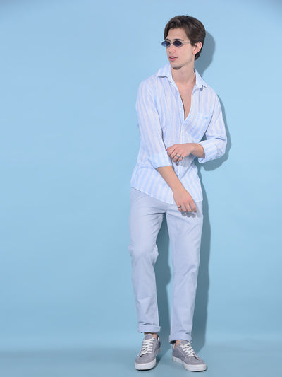 Blue Vertical Striped Linen Shirt-Men Shirts-Crimsoune Club