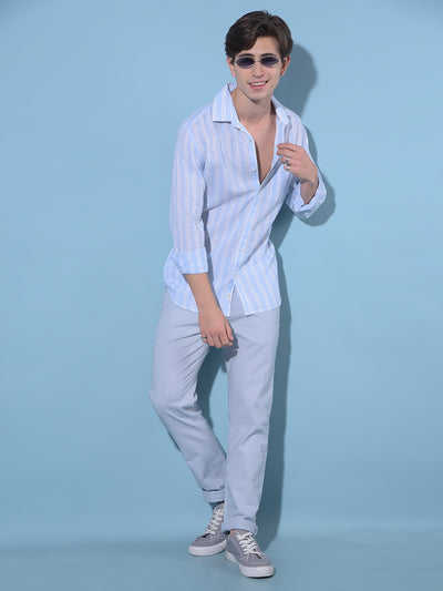 Blue Vertical Striped Linen Shirt-Men Shirts-Crimsoune Club