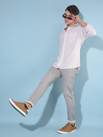 Beige Vertical Striped Linen Shirt-Men Shirts-Crimsoune Club