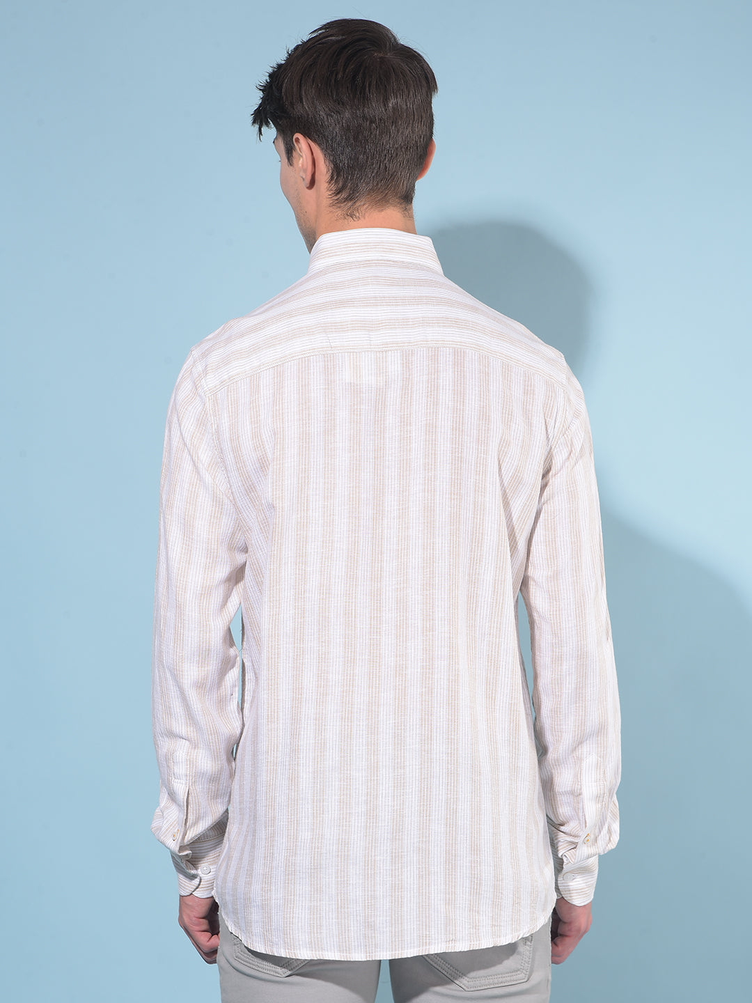 Beige Vertical Striped Linen Shirt-Men Shirts-Crimsoune Club
