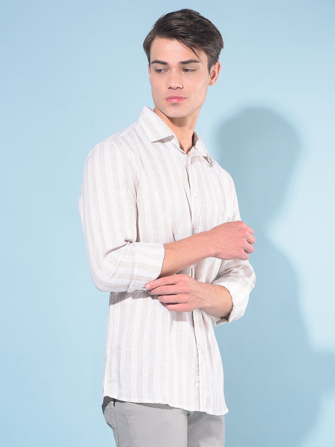 Beige Vertical Striped Linen Shirt-Men Shirts-Crimsoune Club