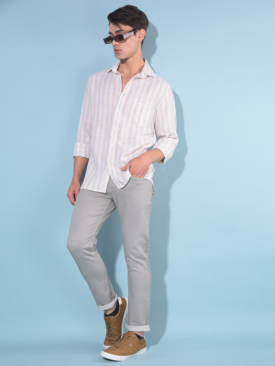 Beige Vertical Striped Linen Shirt-Men Shirts-Crimsoune Club